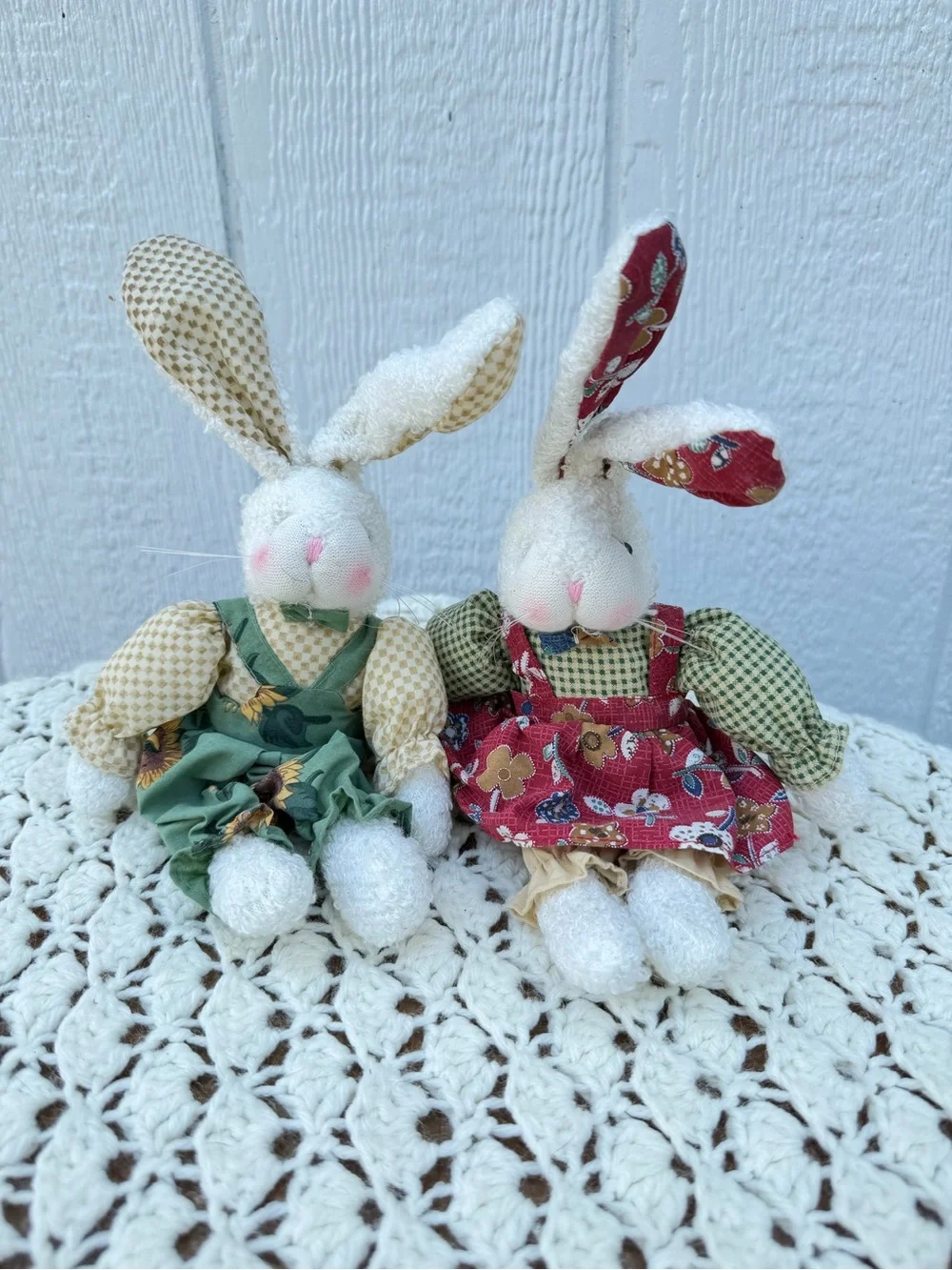 Handcrafted Plush Bunny Pair in Green and Red Dresses vintage